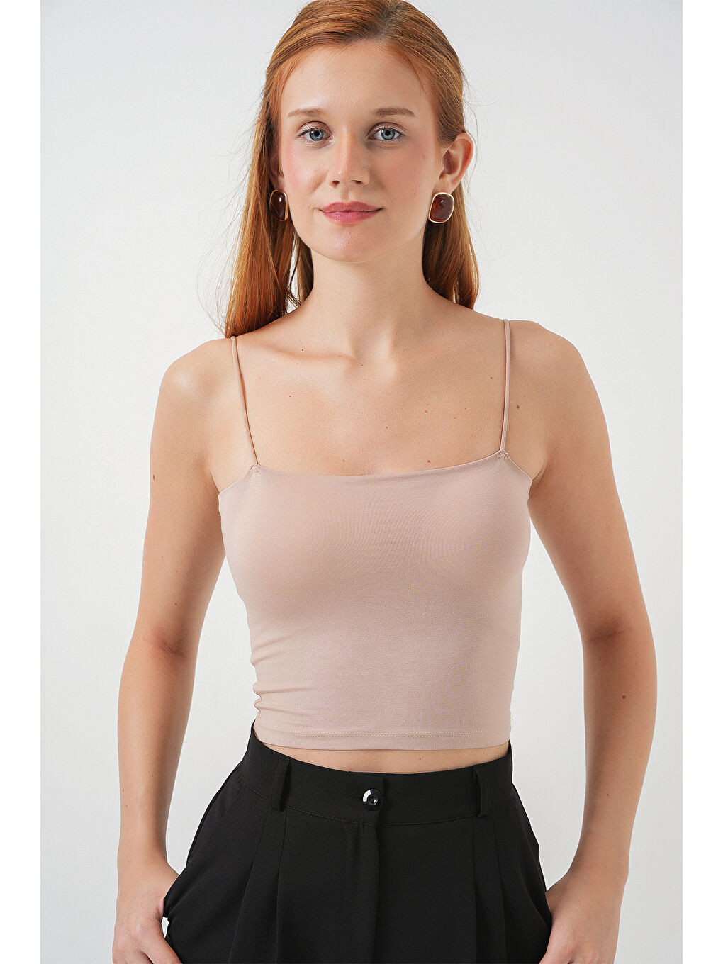 Ekru Kadın İp Askılı Basic Crop Büstiyer 973 - Krem-3