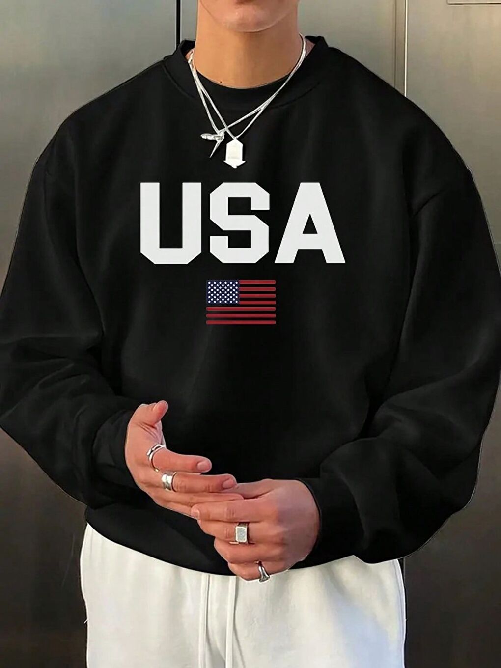 Erkek Siyah USA Baskılı Oversize Bisiklet Yaka Uzun Kollu Sweatshirt