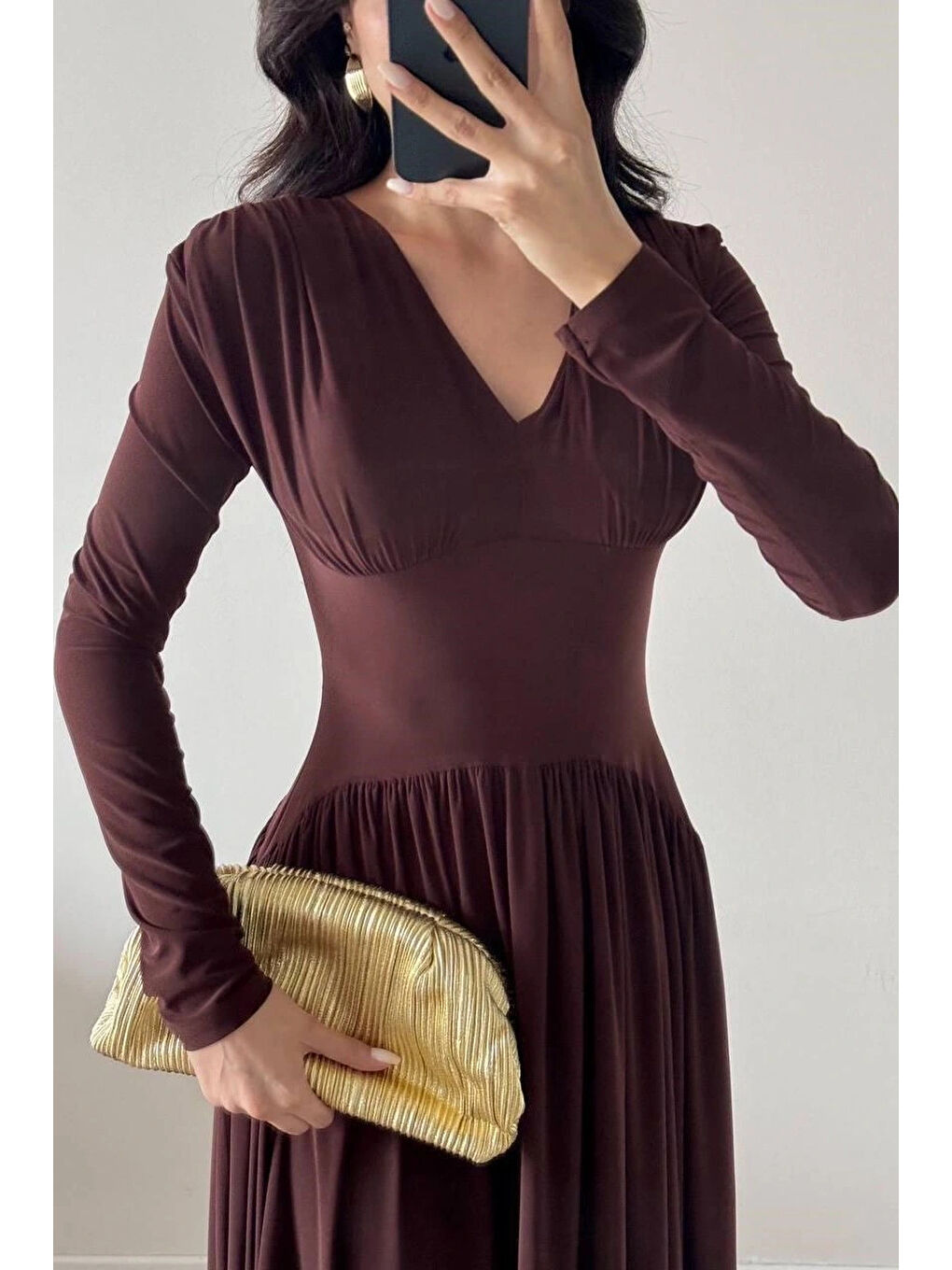 Kahverengi Kadın Kahve Eteği Büzgülü Dökümlü Elbise 1041-2694-1