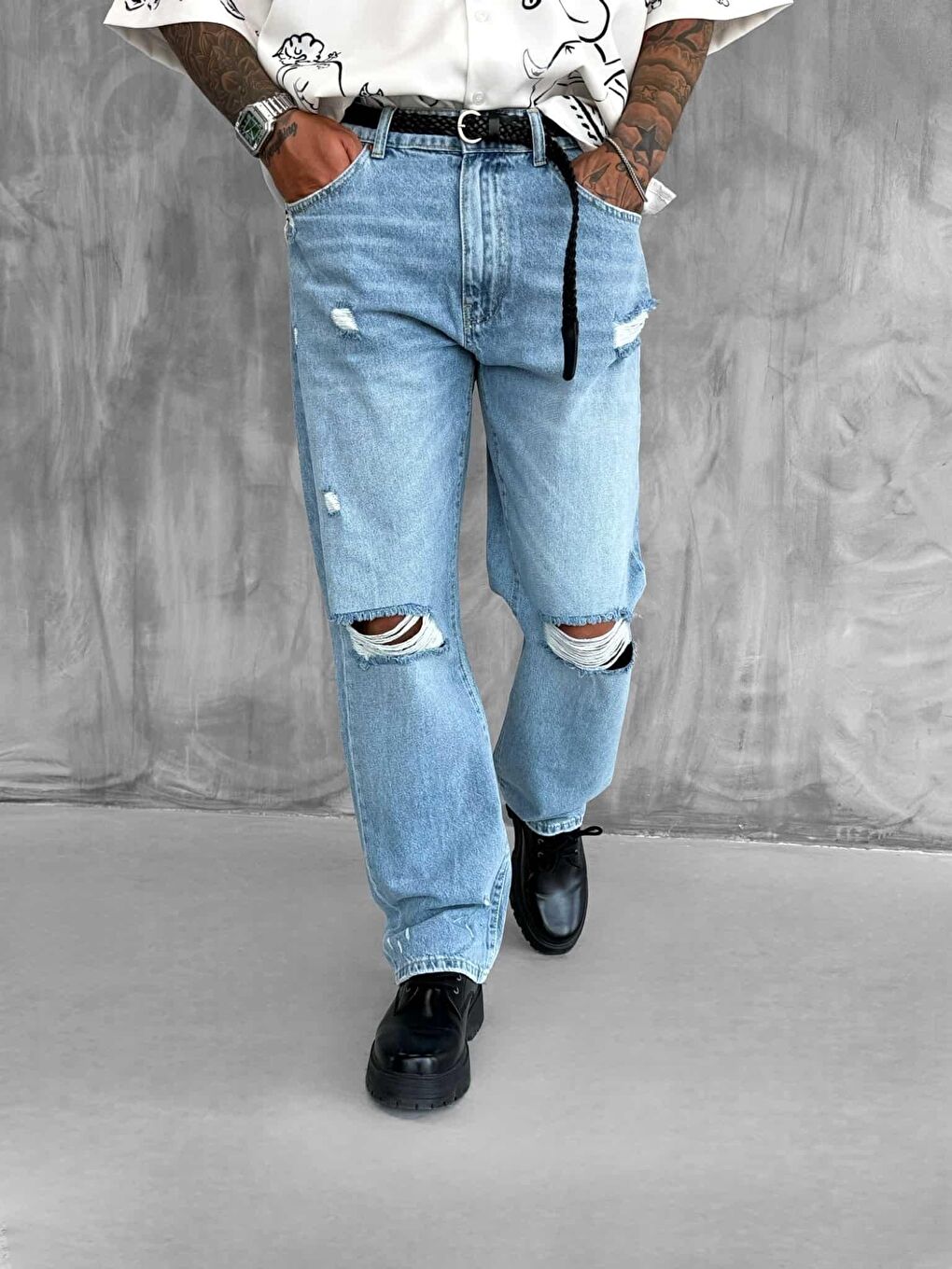 Erkek Yırtık Detaylı Baggy Fit Jean Açık Mavi-2