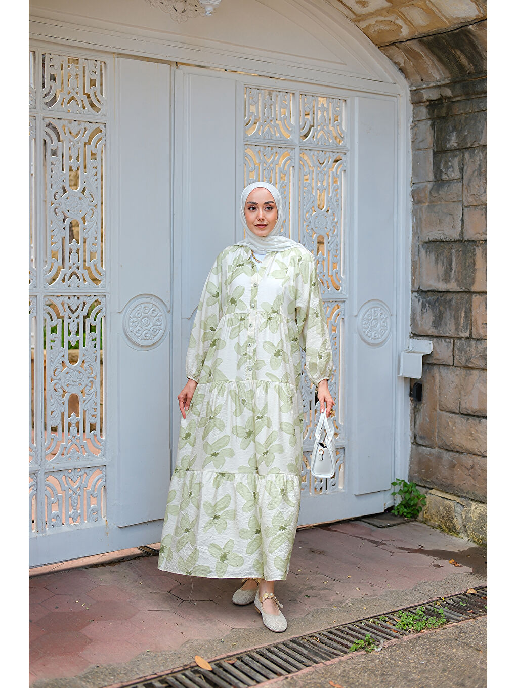 Kadın Papatya Desenli Elbise Yeşil-2