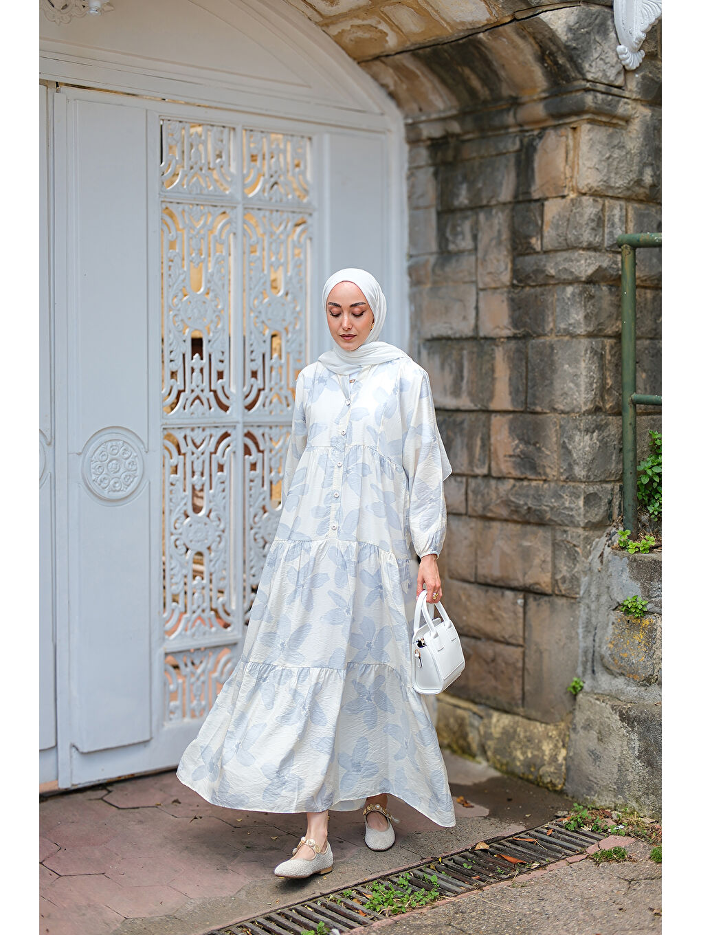 Kadın Papatya Desenli Elbise Açık Mavi-2