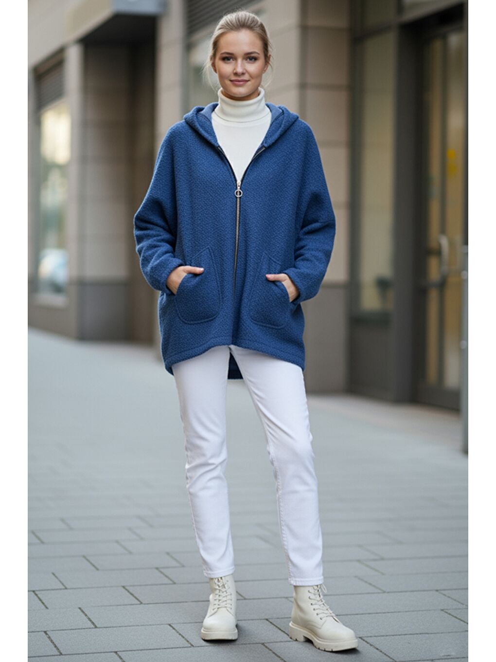 İtalyan Jean Mavisi Kapüşonlu Uzun Kol Fermuarlı Cepli Casual Buklet Oversize Dokuma Ceket 75 80-2