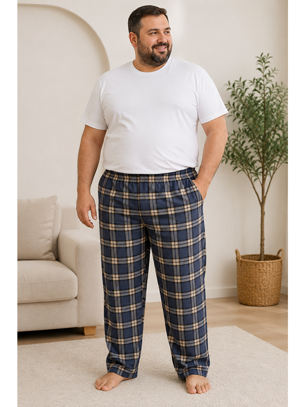 Gri Erkek %100 Doğal Organik Pamuk Büyük Beden Ekose Cepli Kaliteli Battal Pijama Altı