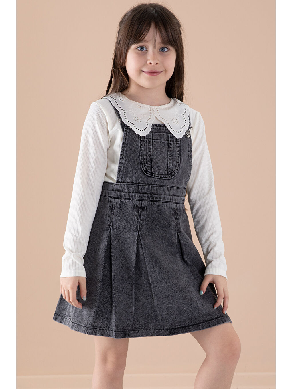 Siyah Jean Salopetli ve Dantel Badili Kız Çocuk 2'li Takım