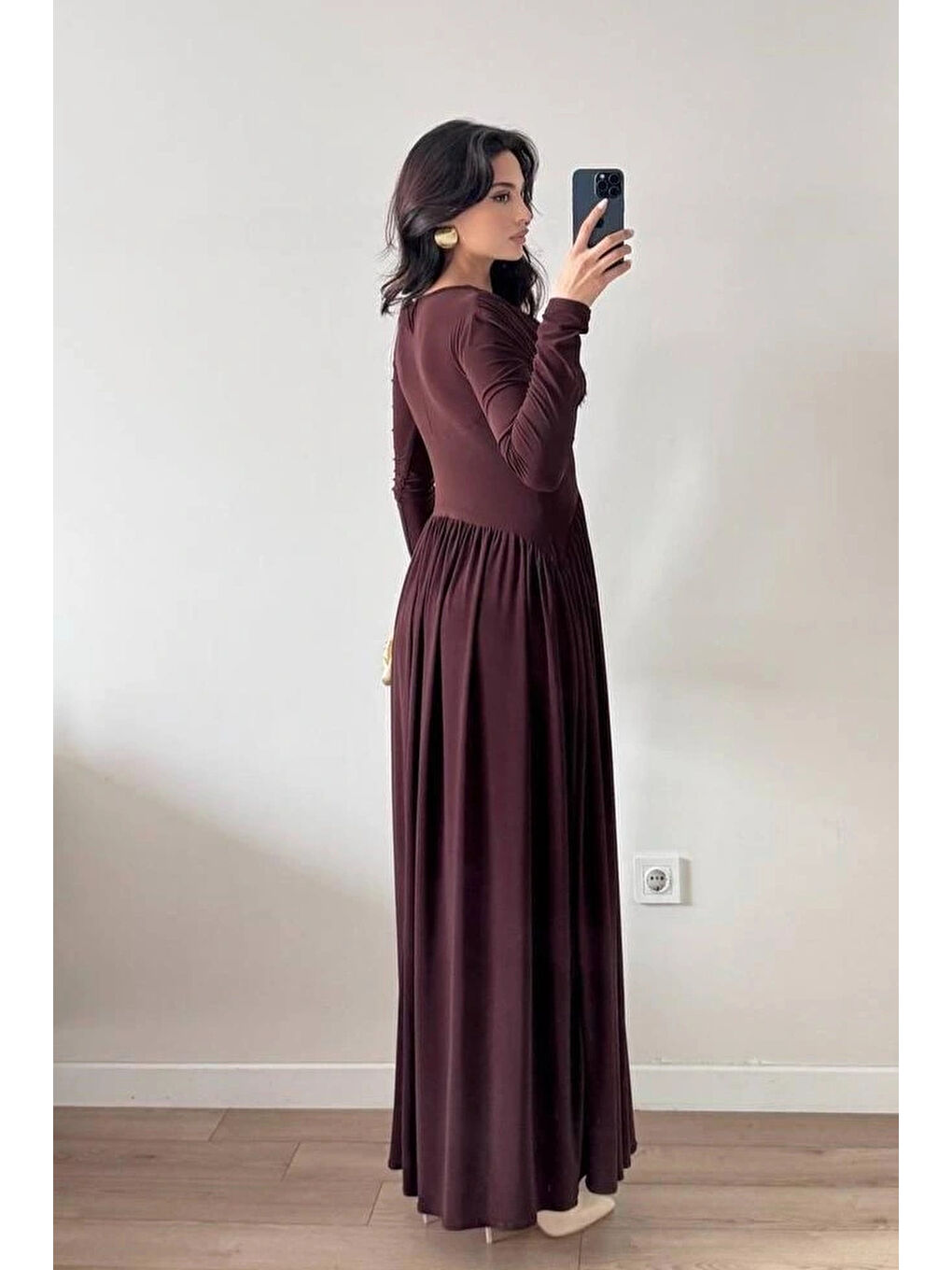 Kahverengi Kadın Kahve Eteği Büzgülü Dökümlü Elbise 1041-2694-2