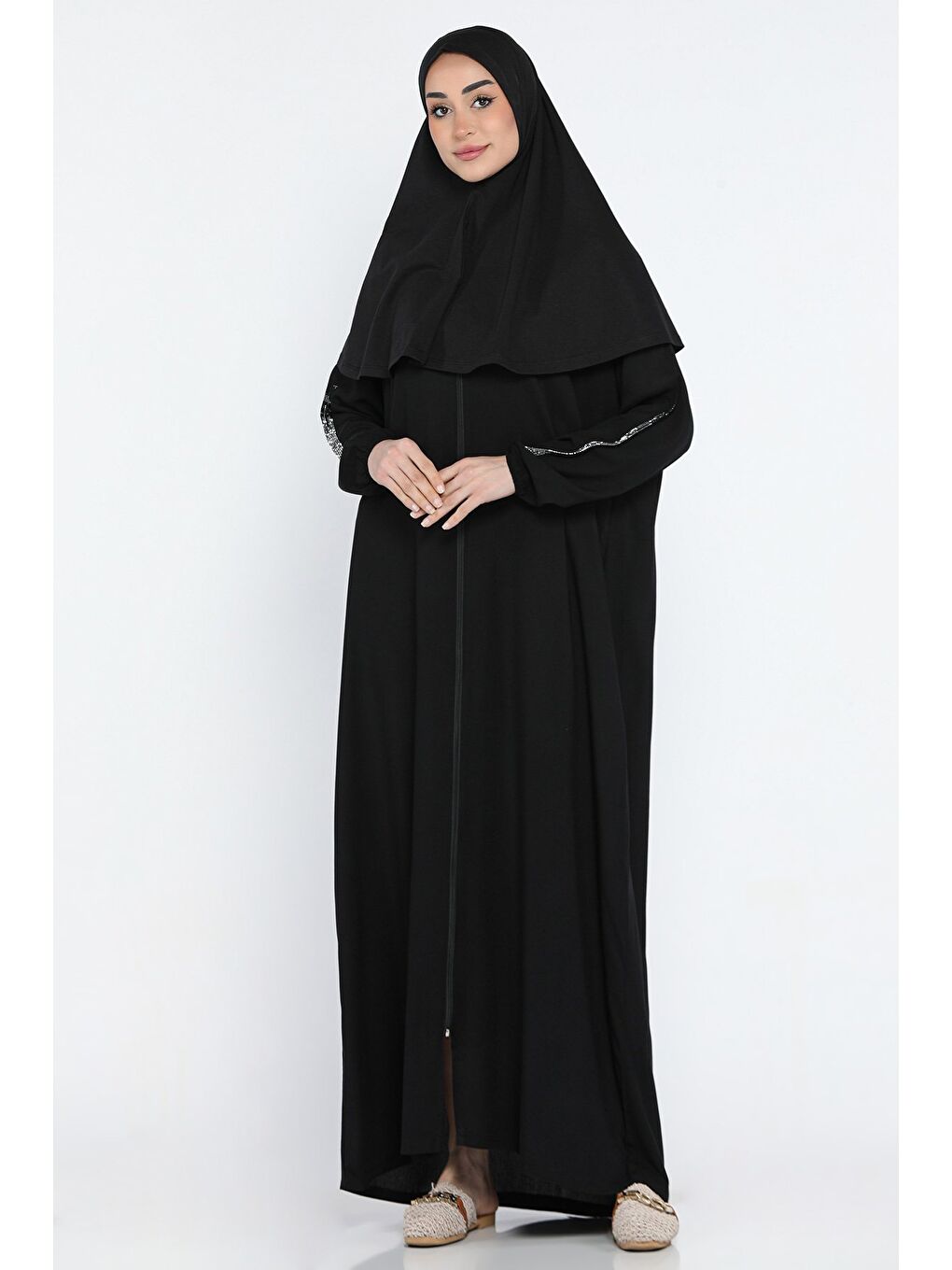 Siyah Kadın Pratik Başörtüsü Ve Çantalı Taş İşlemel Viskon Elbise-3