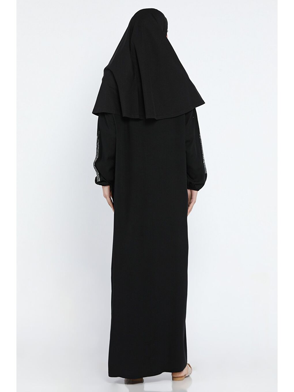 Siyah Kadın Pratik Başörtüsü Ve Çantalı Taş İşlemel Viskon Elbise-4