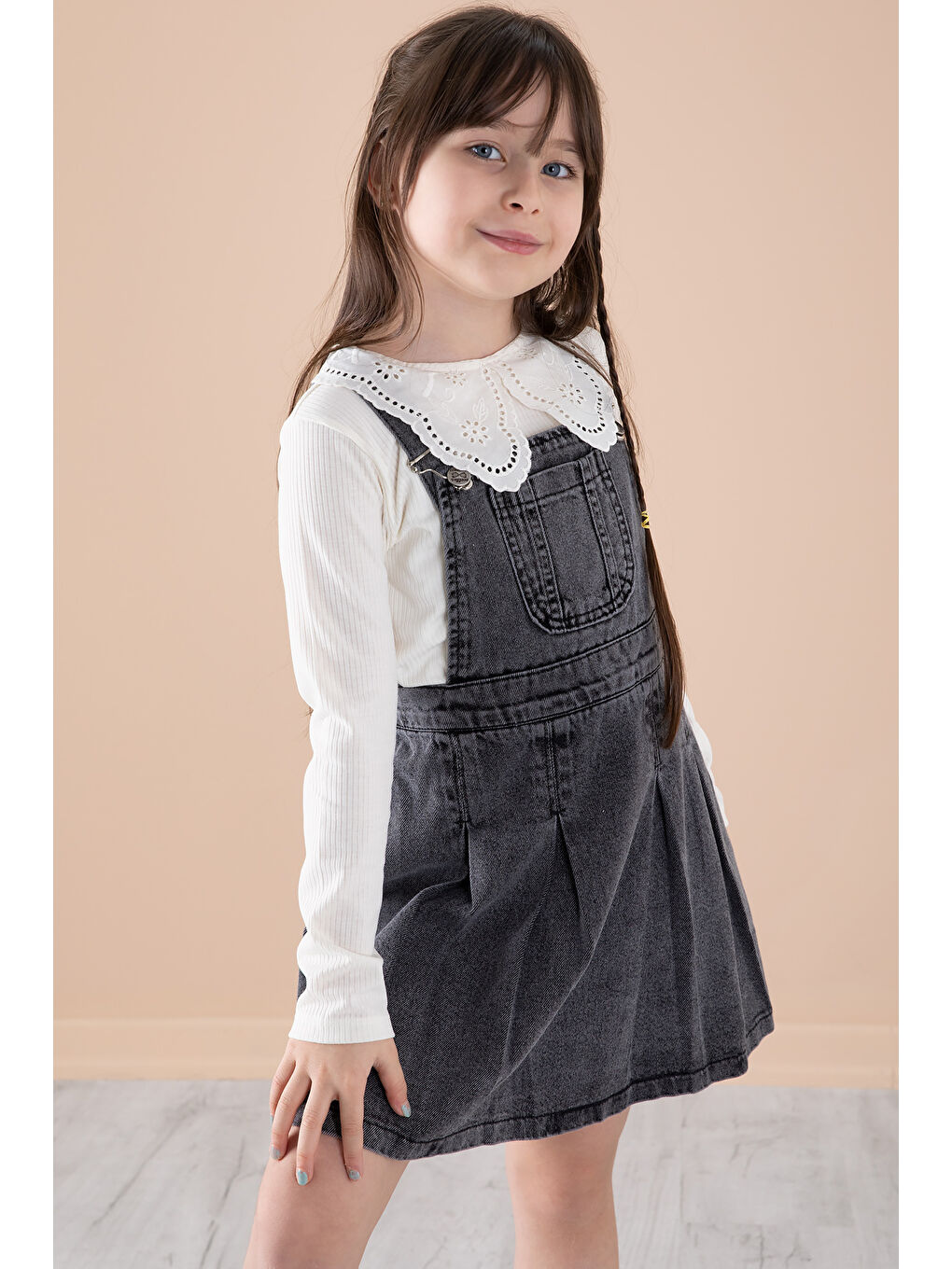 Siyah Jean Salopetli ve Dantel Badili Kız Çocuk 2'li Takım-1