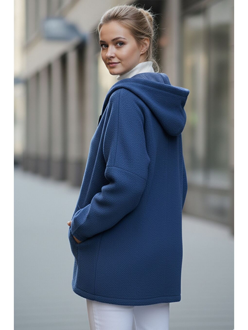 İtalyan Jean Mavisi Kapüşonlu Uzun Kol Fermuarlı Cepli Casual Buklet Oversize Dokuma Ceket 75 80-3