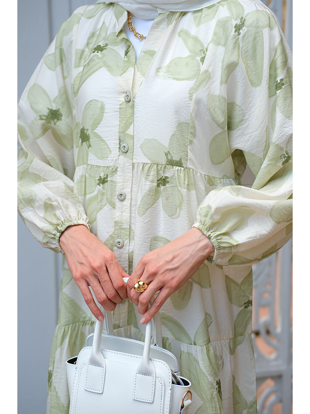 Kadın Papatya Desenli Elbise Yeşil-3