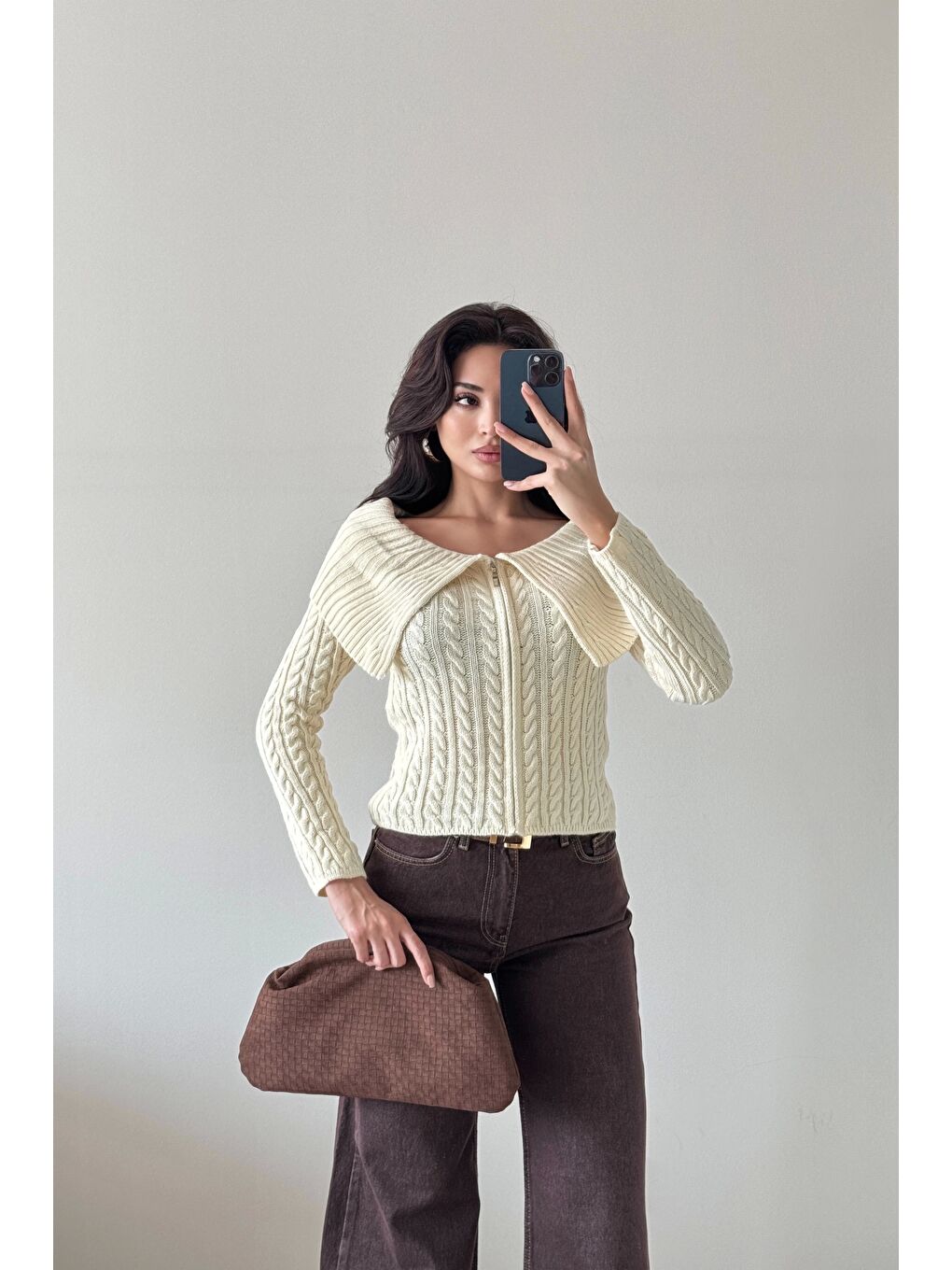 Kadın Ekru Fermuarlı Hırka 1014-2406-4