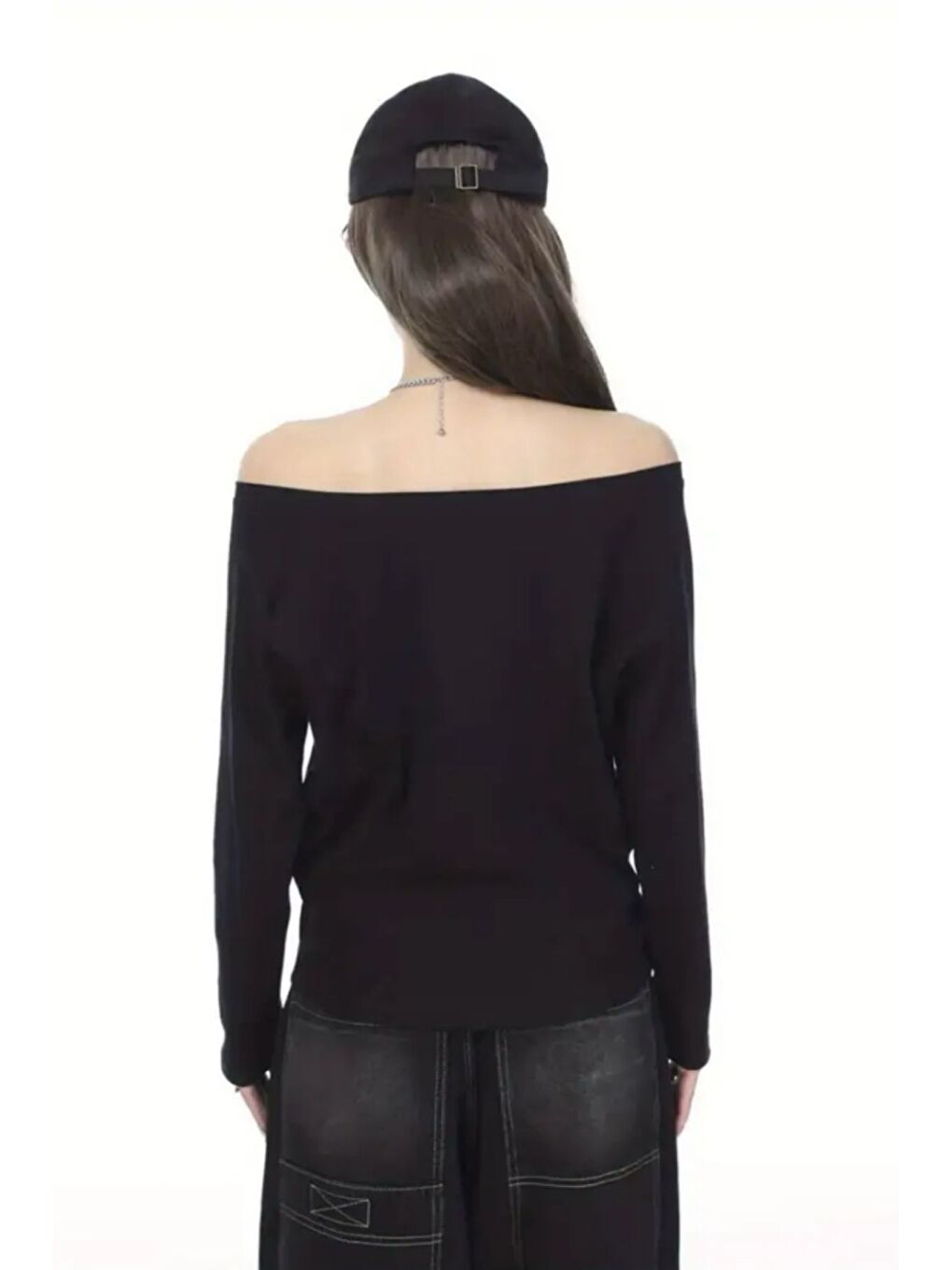 Siyah Kadın Düşük Omuz Kayık Yaka Oversize Uzun Kollu T-Shirt-4