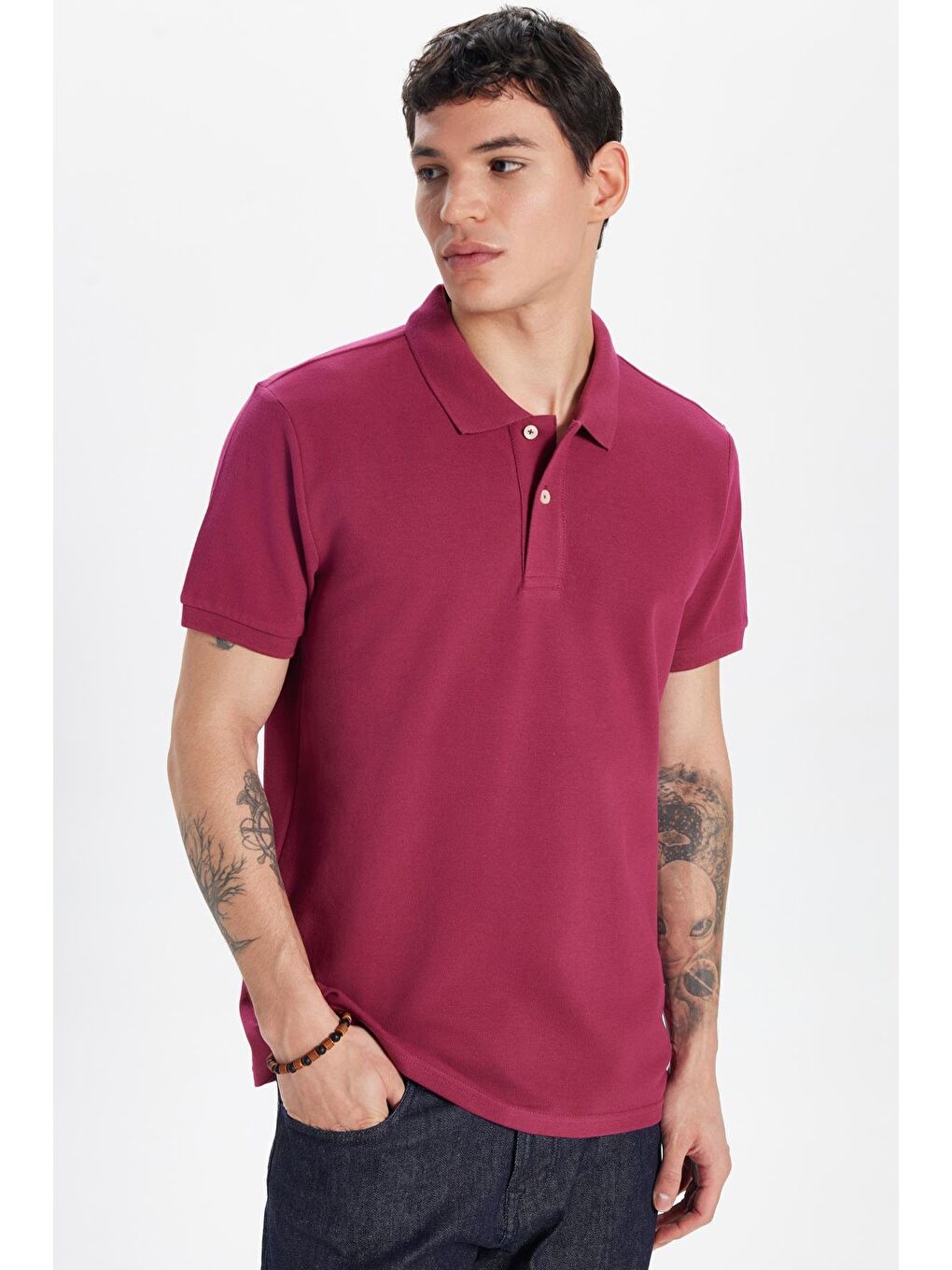 Erkek Slim Fit Dar Kesim %100 Pamuk Fuşya Polo Yaka Tişört-2