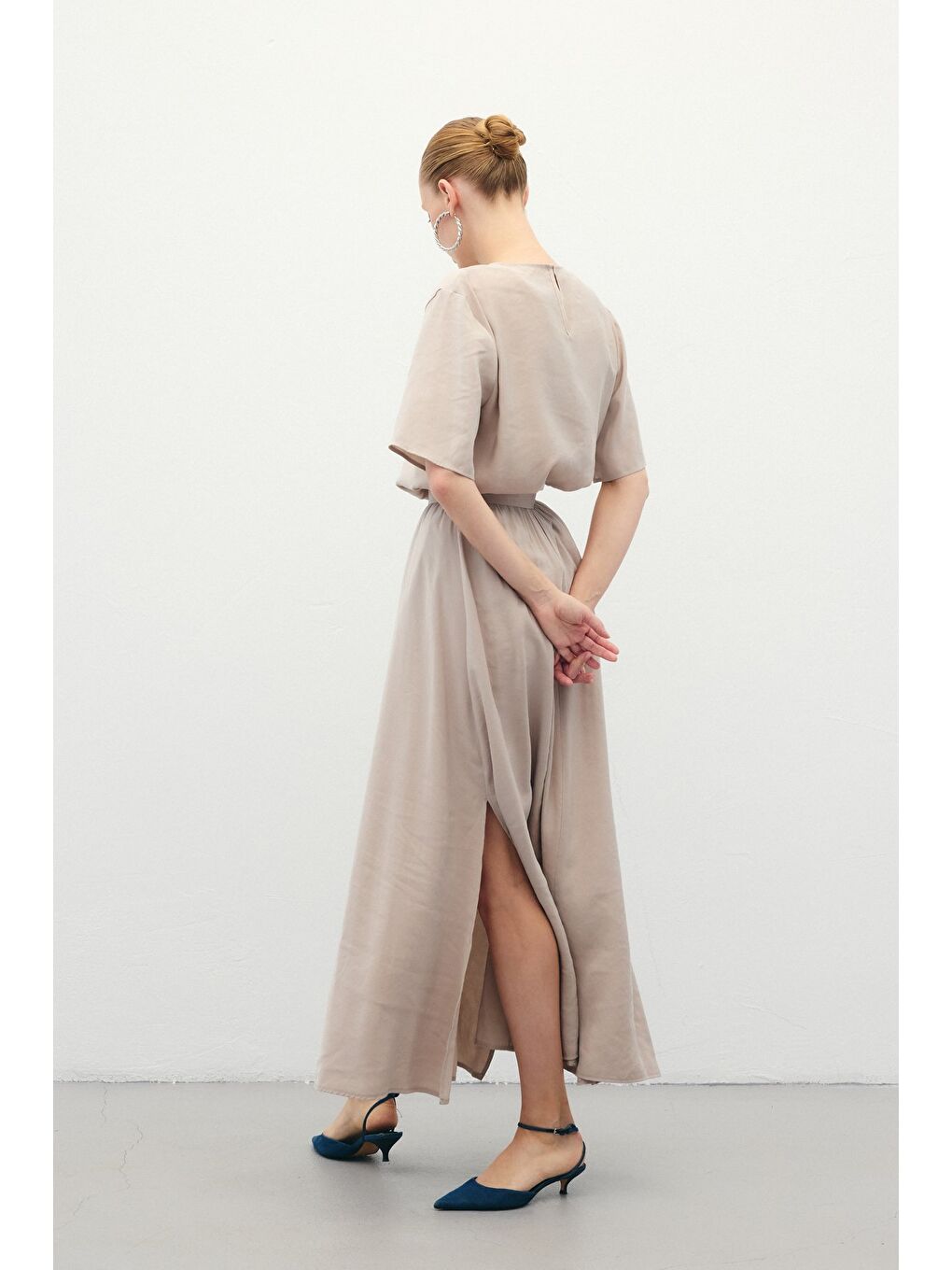 Bej Yırtmaçlı Uzun Etek - Taş-5