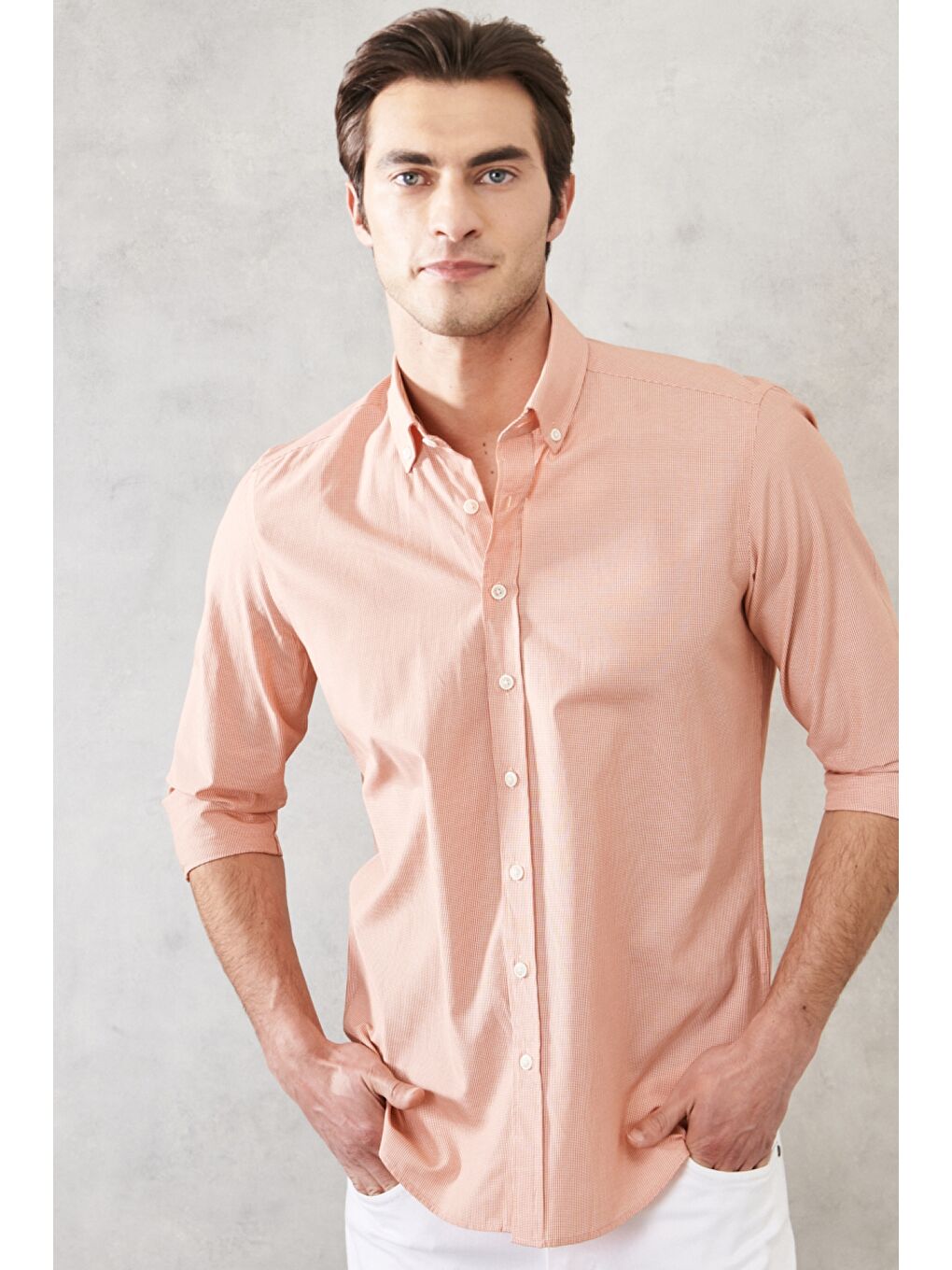 Erkek Turuncu Slim Fit Dar Kesim Oxford Düğmeli Yaka Pötikareli Pamuklu Gömlek