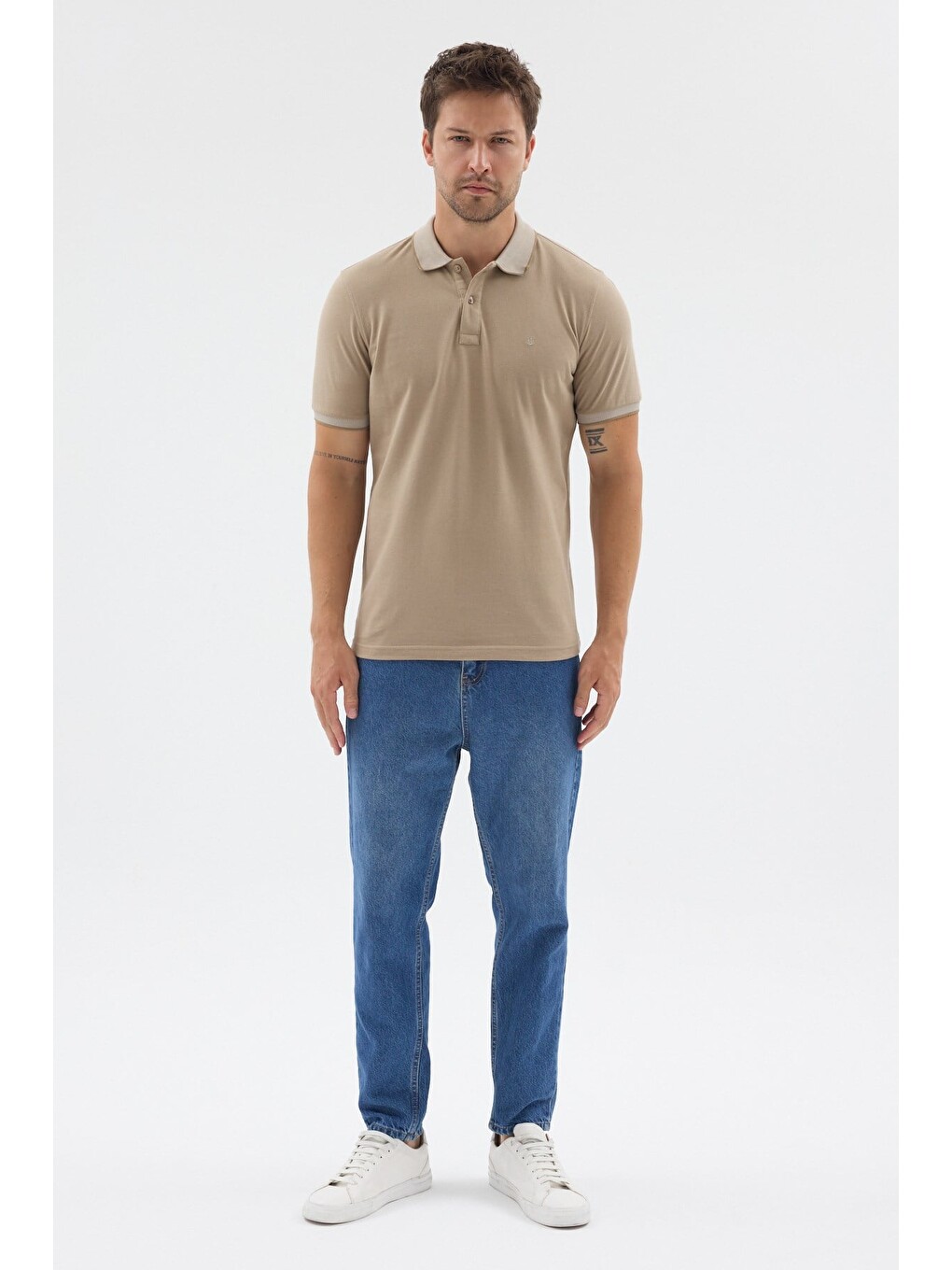 Bej Polo Yaka Pike Kısa Kol Slim Fit %100 Pamuk Tişört 1011260171-1