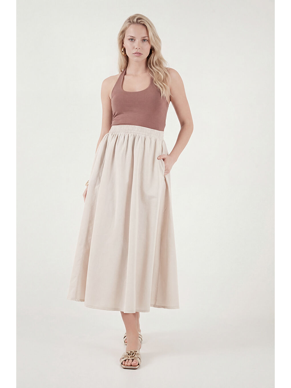 Bej Modest Pamuklu Relaxed Fit Lastikli Bel Tesettür Midi Etek 668YE4449-2