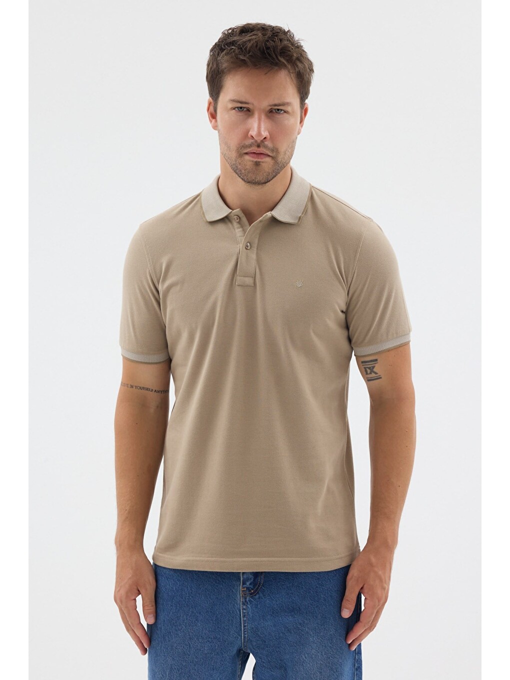 Bej Polo Yaka Pike Kısa Kol Slim Fit %100 Pamuk Tişört 1011260171-2