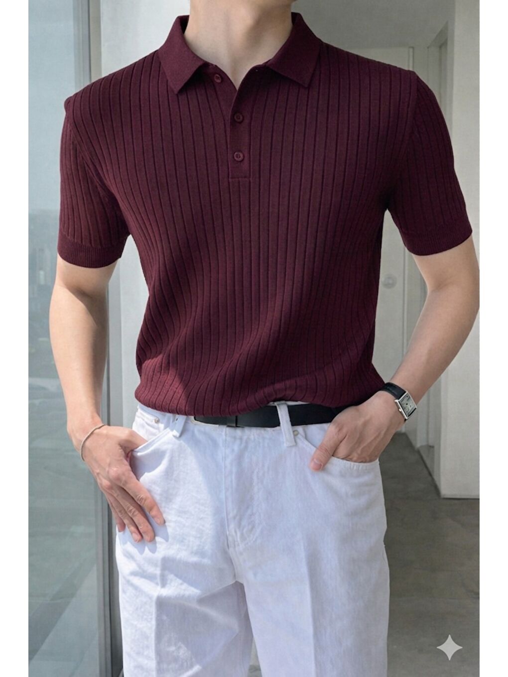 Bordo Erkek Düğmeli Fitilli Triko Polo Tişört Slim Fit