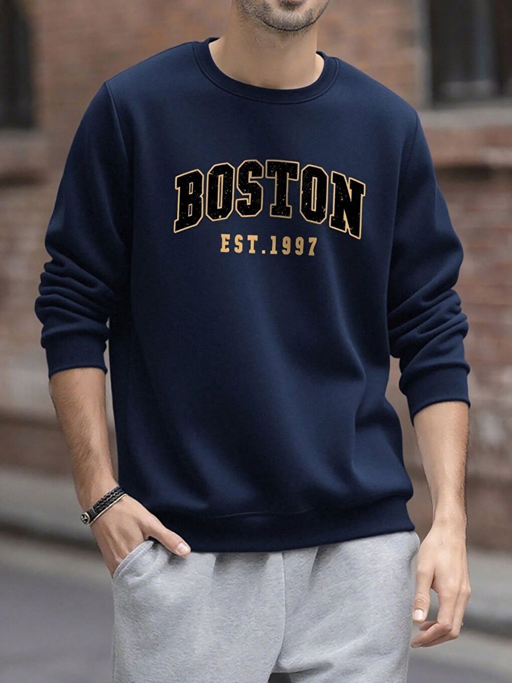 Erkek Lacivert Boston Galaxy Baskılı Oversize Bisiklet Yaka Uzun Kollu Sweatshirt-1