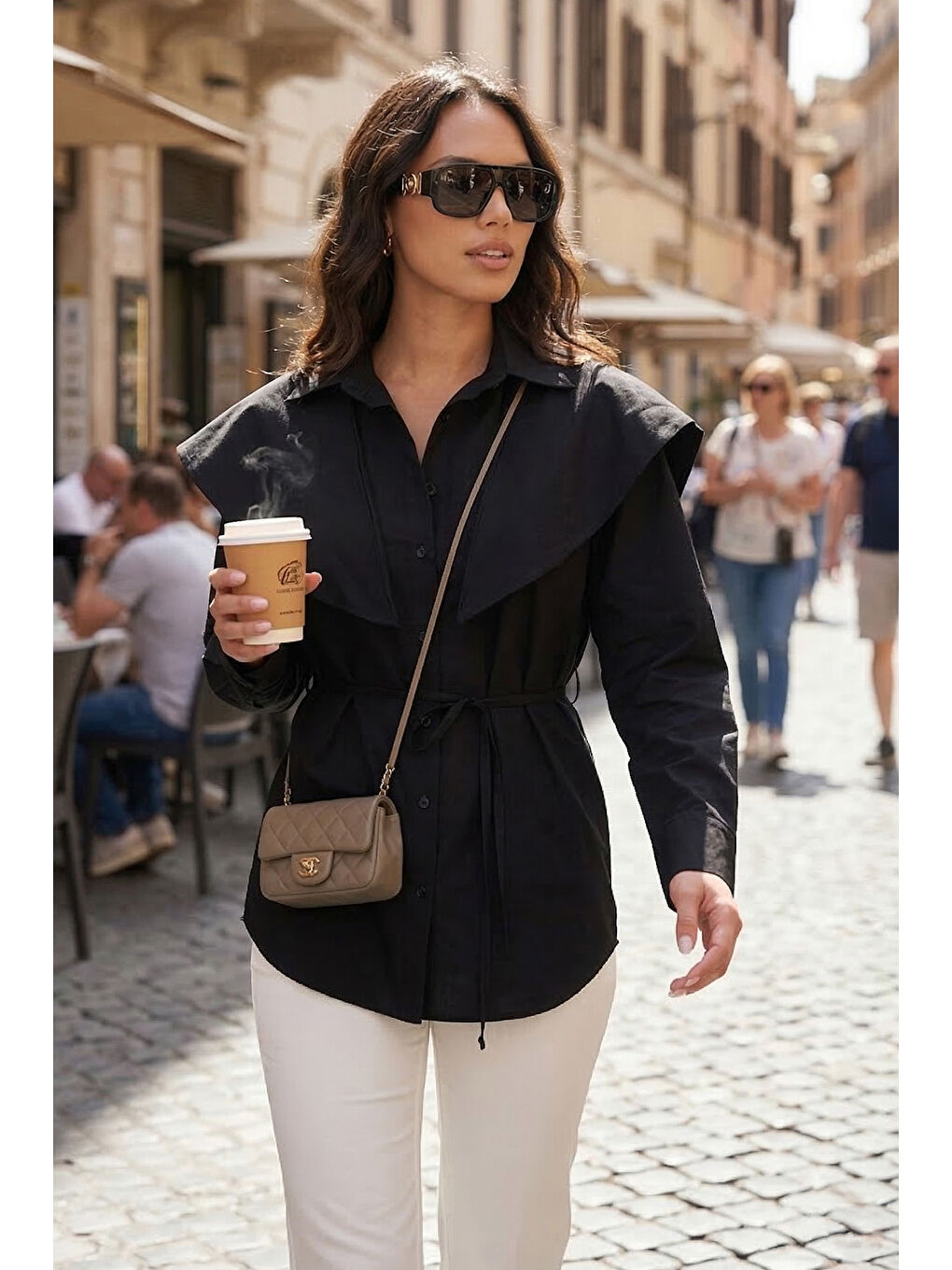 Siyah Pamuklu Pelerin Detaylı Regular Fit Uzun Kollu Gömlek 6774128