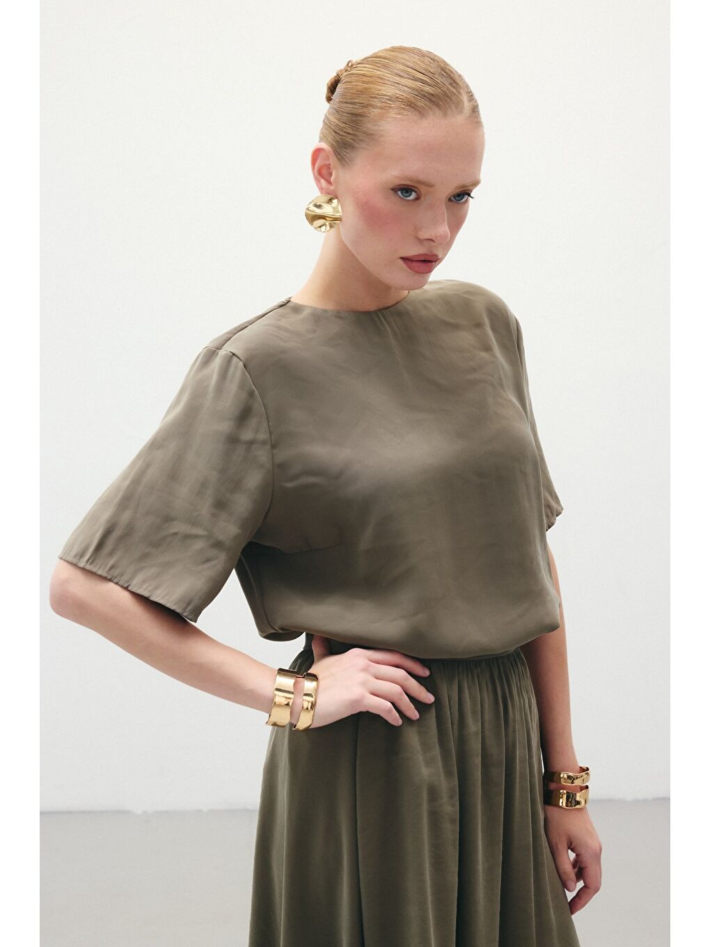 Kısa Kollu Salaş Bluz - Haki