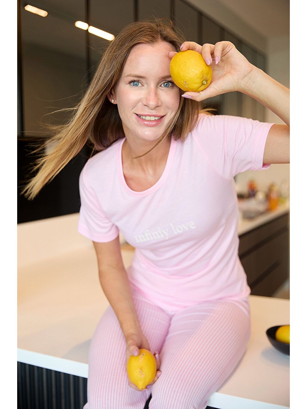 Pembe Kalp Ve Yazı Baskılı Kısa Kol Pijama Takımı-2