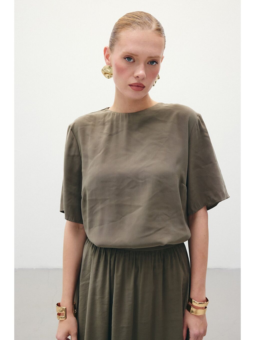 Kısa Kollu Salaş Bluz - Haki-1