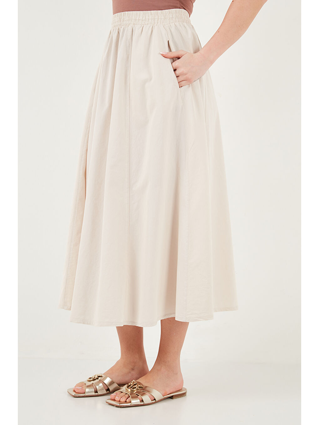 Bej Modest Pamuklu Relaxed Fit Lastikli Bel Tesettür Midi Etek 668YE4449-3