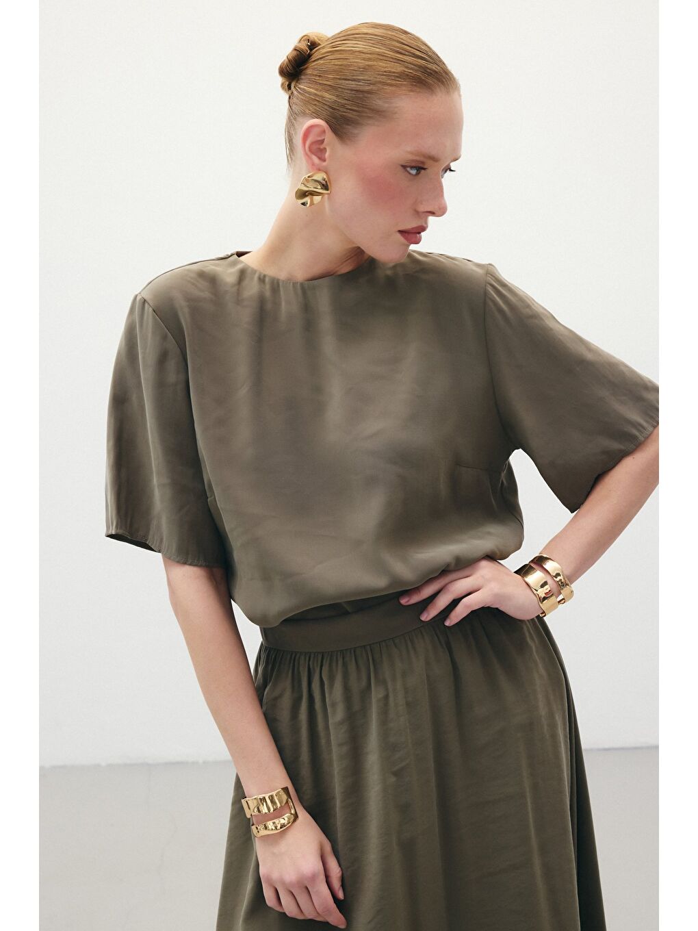 Kısa Kollu Salaş Bluz - Haki-2