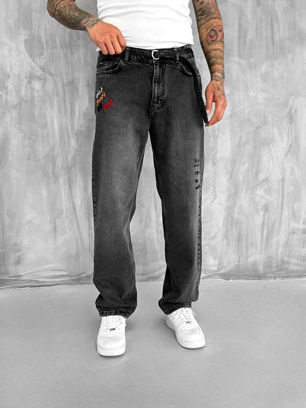 Erkek Slogan İşlemeli Baggy Jean Pantolon Siyah-2