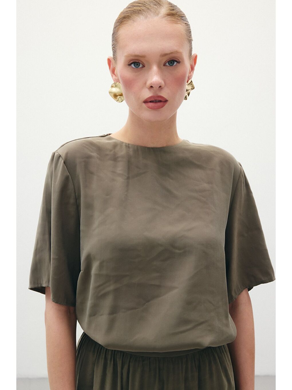 Kısa Kollu Salaş Bluz - Haki-3