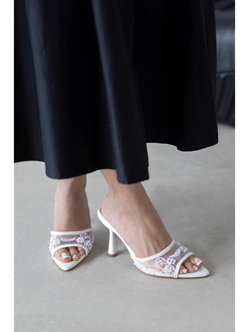 Karis Kadın File Detay Topuklu Terlik Beyaz-1
