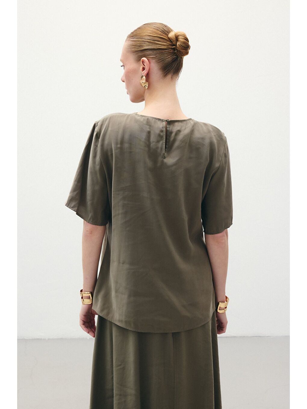 Kısa Kollu Salaş Bluz - Haki-4