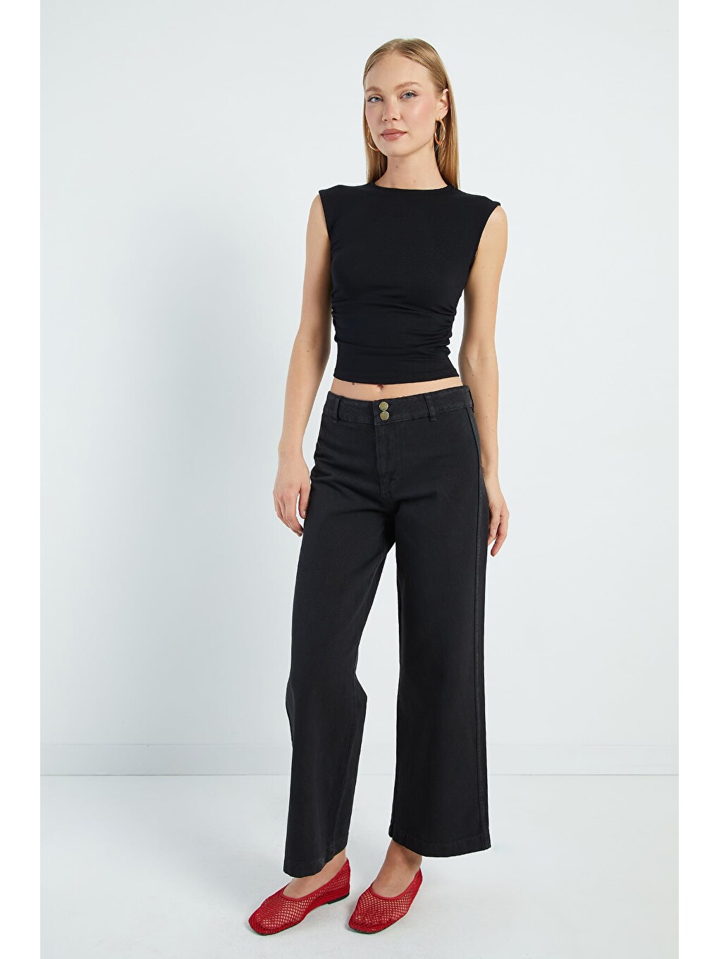 Siyah Çift Düğmeli Gabardin Pantolon-2
