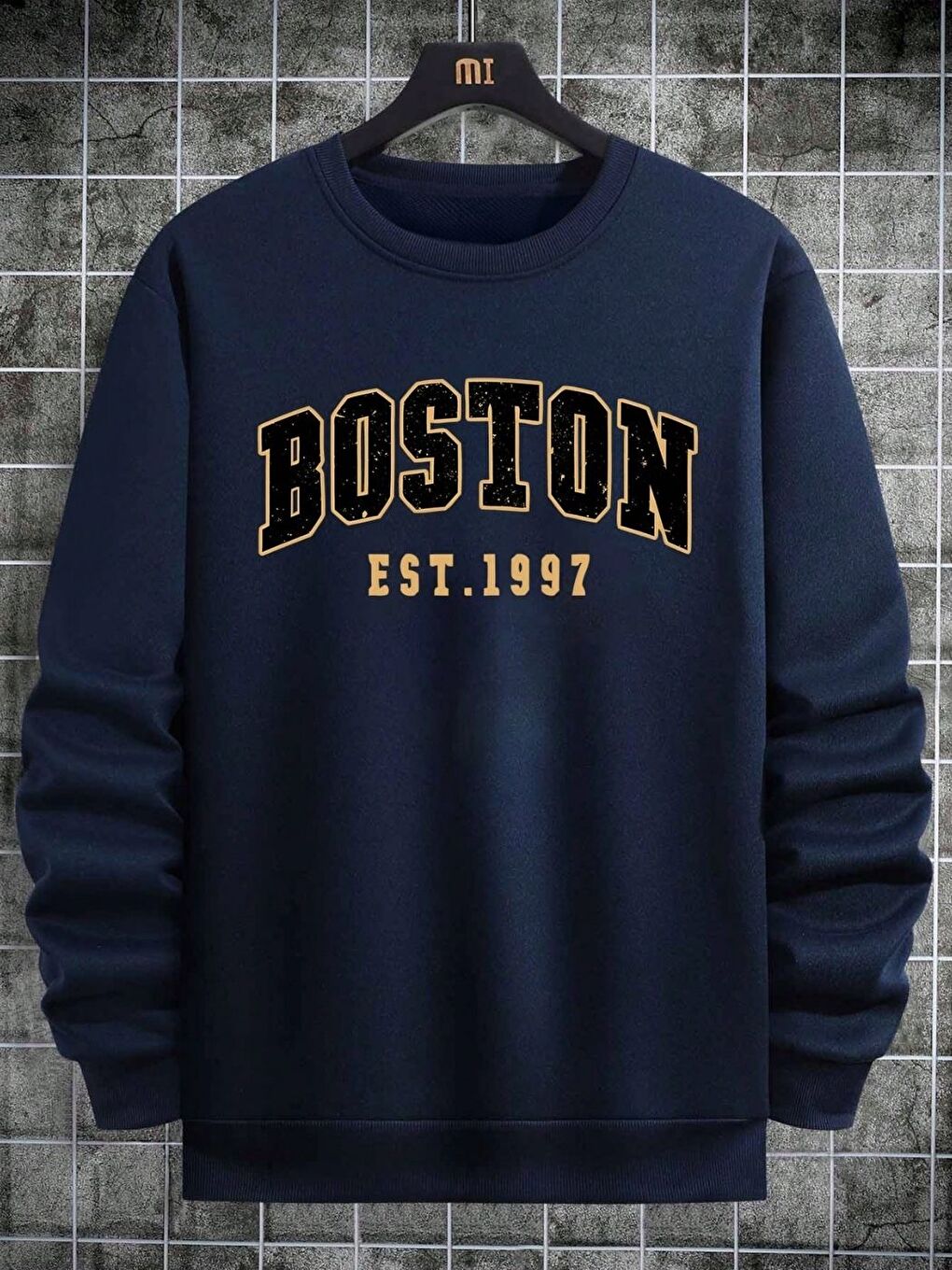 Erkek Lacivert Boston Galaxy Baskılı Oversize Bisiklet Yaka Uzun Kollu Sweatshirt-2