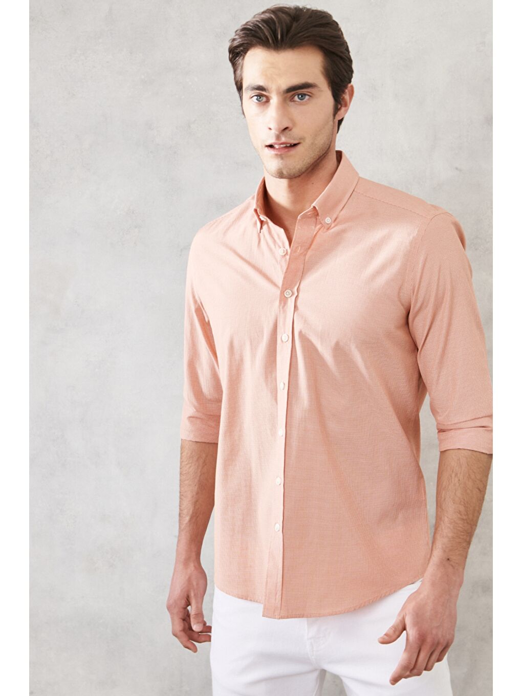 Erkek Turuncu Slim Fit Dar Kesim Oxford Düğmeli Yaka Pötikareli Pamuklu Gömlek-2