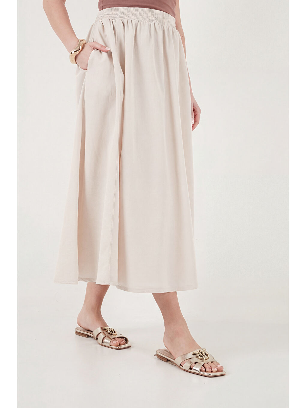 Bej Modest Pamuklu Relaxed Fit Lastikli Bel Tesettür Midi Etek 668YE4449-4