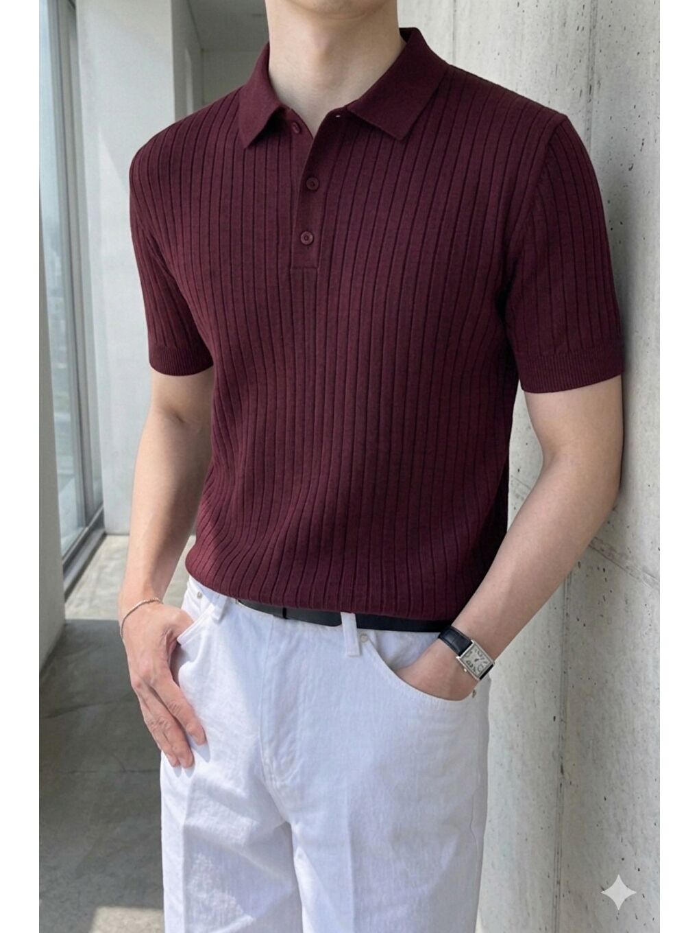 Bordo Erkek Düğmeli Fitilli Triko Polo Tişört Slim Fit-1