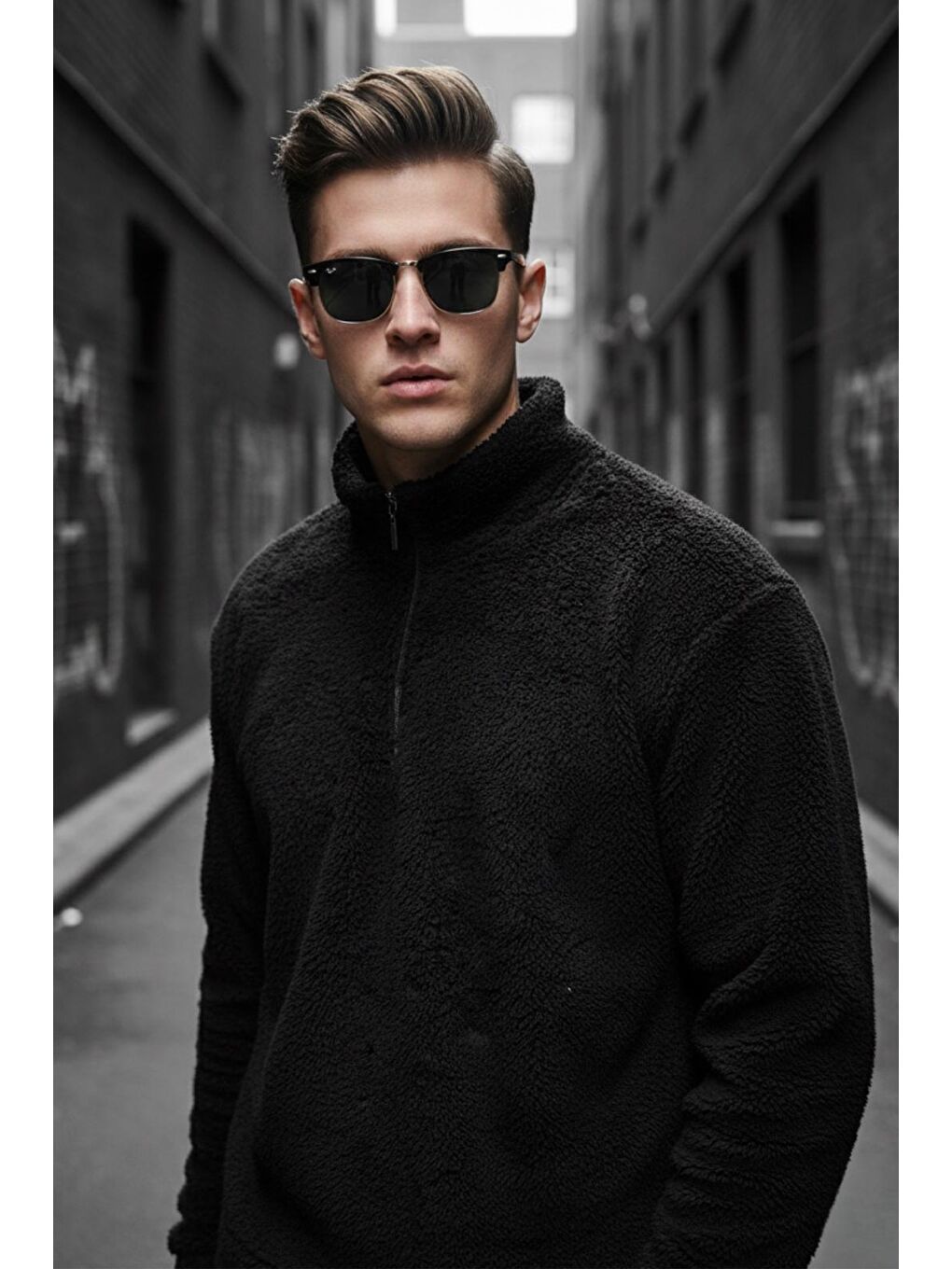 Siyah Jaky Slim Fit Pelüş Yarım Tam Fermuarlı Dik Yaka Kalın Erkek Sweatshirt Polar-1