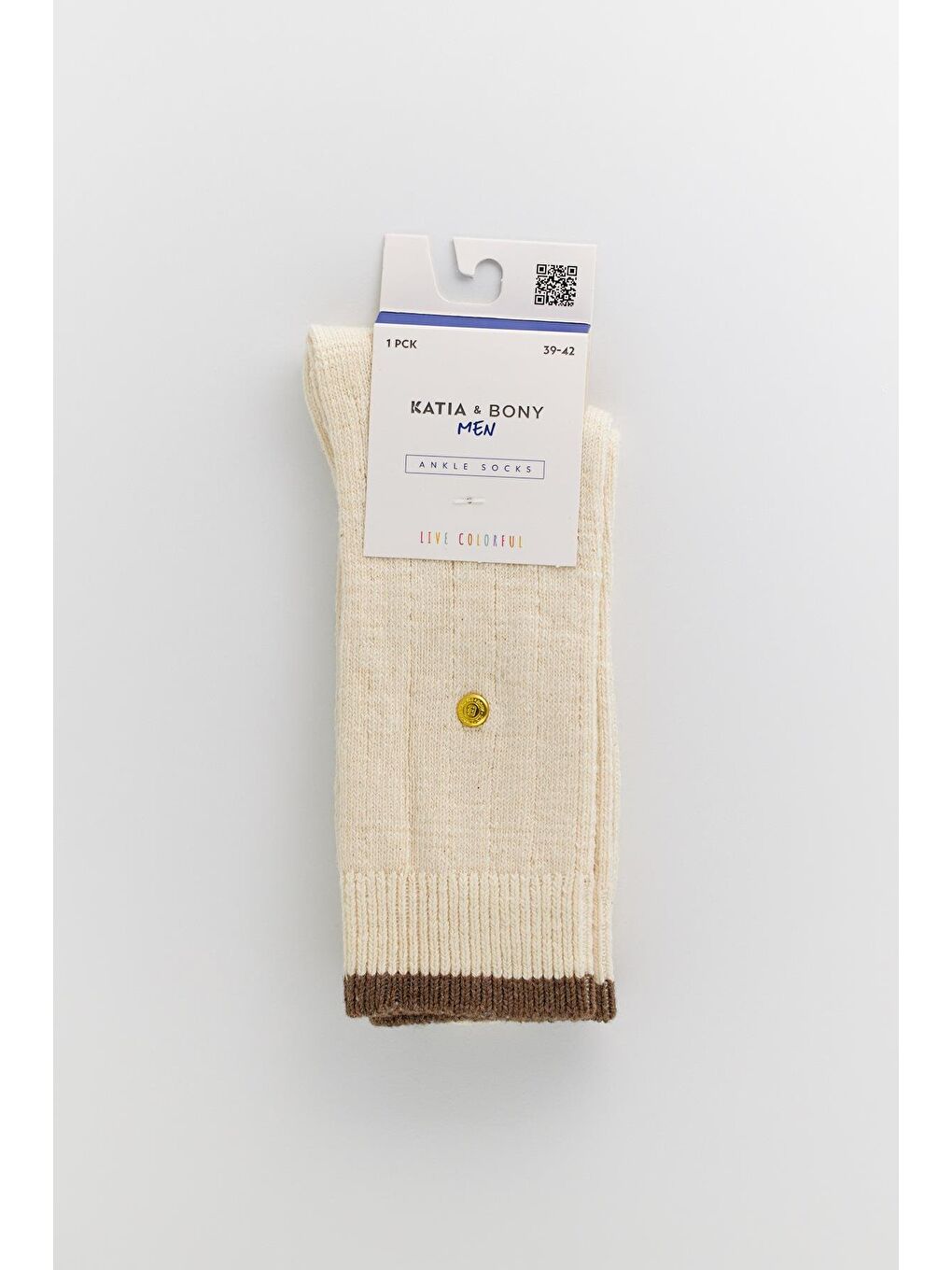 Erkek Zımbalı Ekose Soket Çorap Ekru-Kahverengi-2