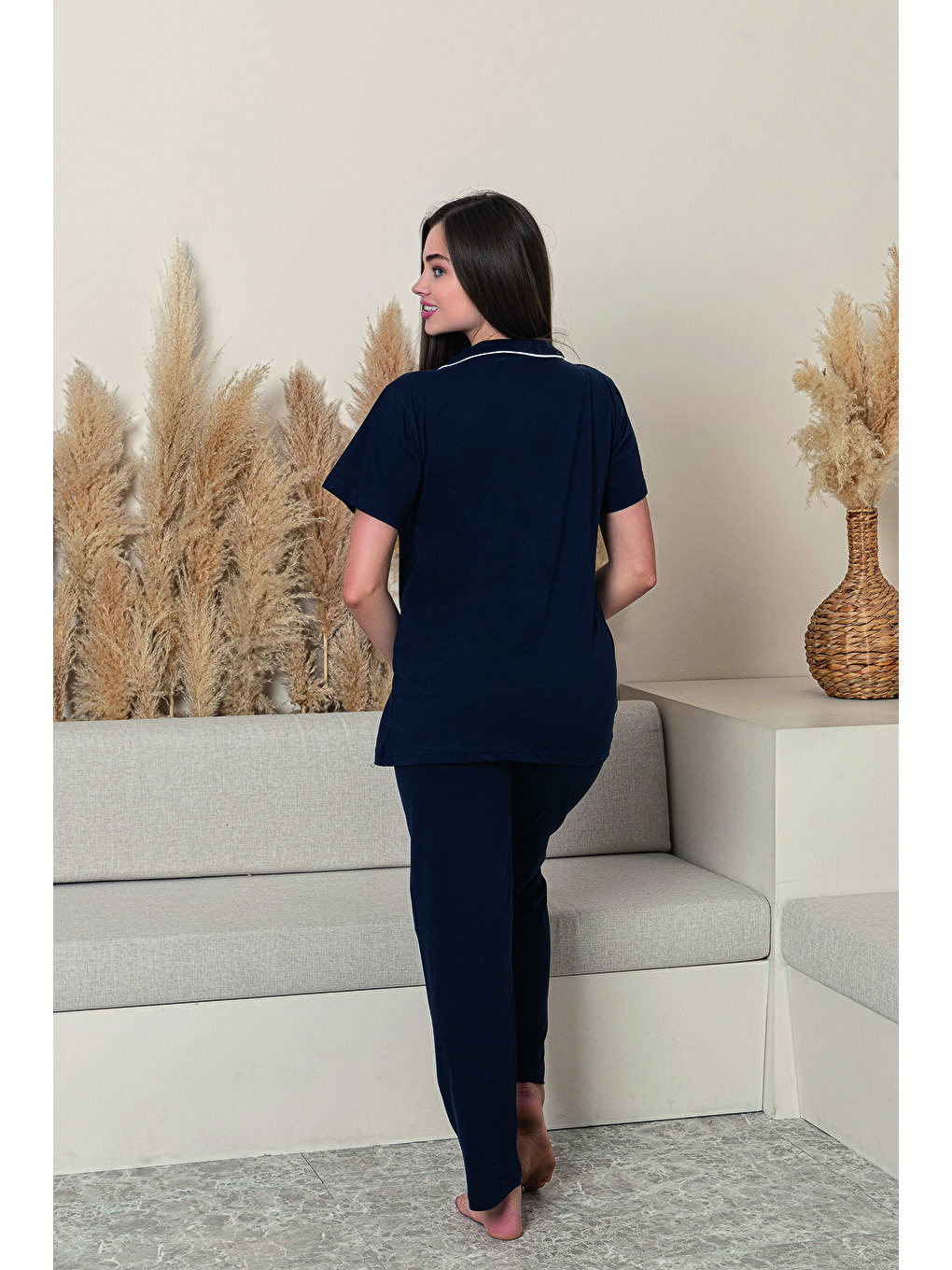 Lacivert Kadın %100 Pamuk Biyeli Yüksek Kaliteli Gömlek Yaka Düğmeli Kısa Kollu Pijama Takımı-3
