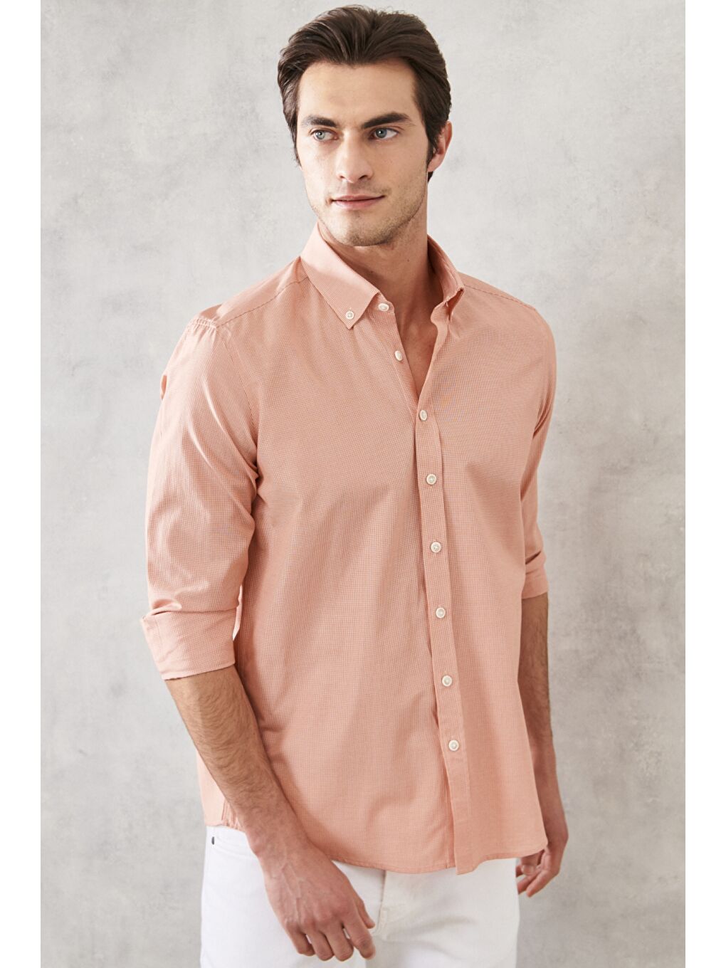 Erkek Turuncu Slim Fit Dar Kesim Oxford Düğmeli Yaka Pötikareli Pamuklu Gömlek-4