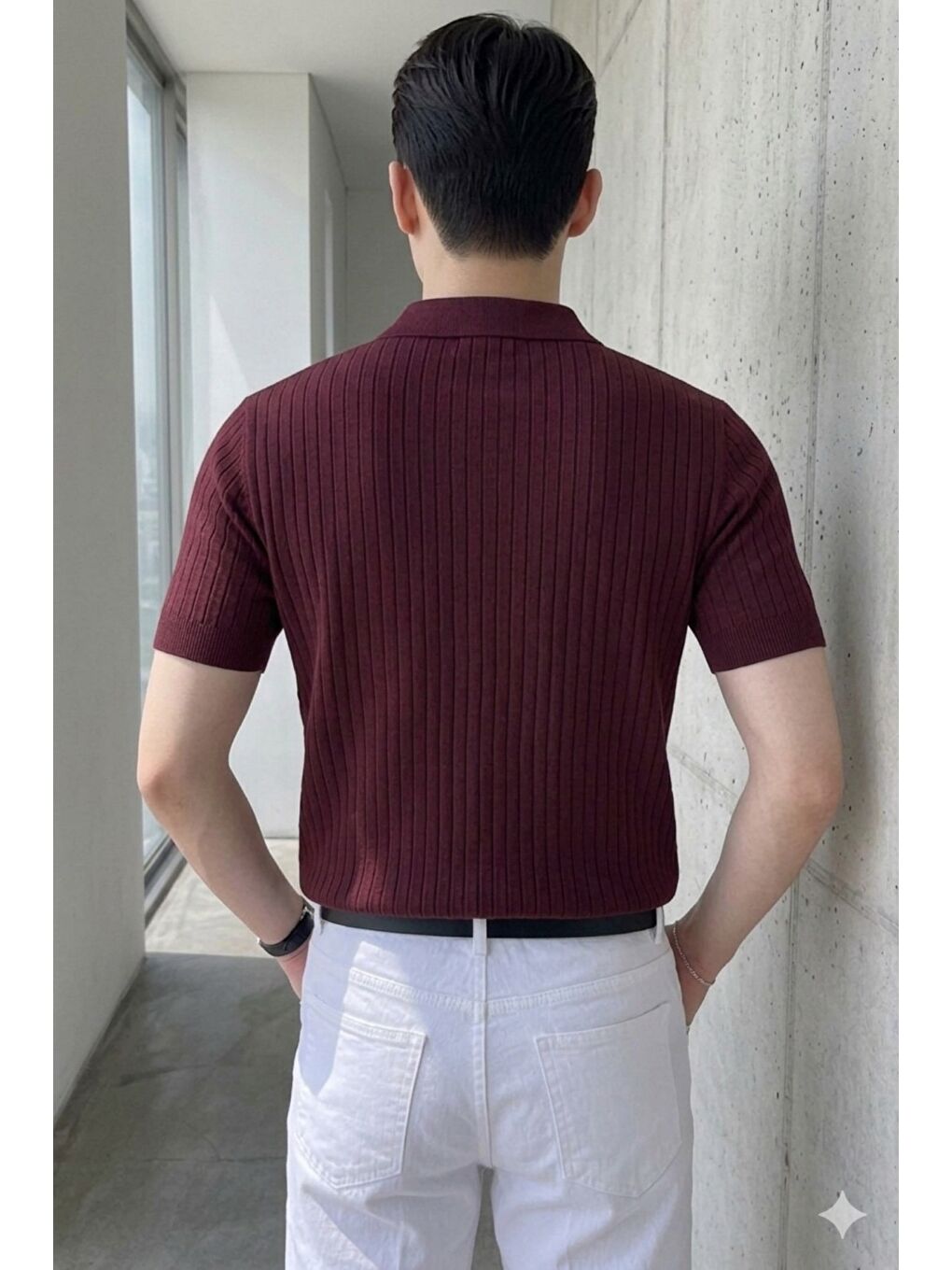 Bordo Erkek Düğmeli Fitilli Triko Polo Tişört Slim Fit-2