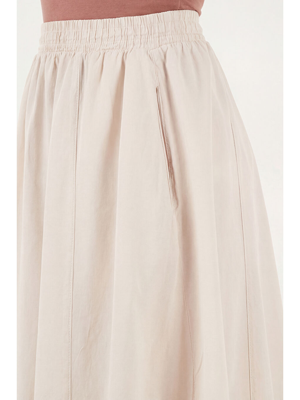 Bej Modest Pamuklu Relaxed Fit Lastikli Bel Tesettür Midi Etek 668YE4449-5