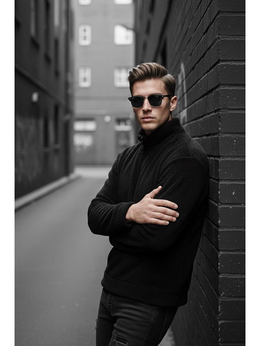 Siyah Jaky Slim Fit Pelüş Yarım Tam Fermuarlı Dik Yaka Kalın Erkek Sweatshirt Polar-2