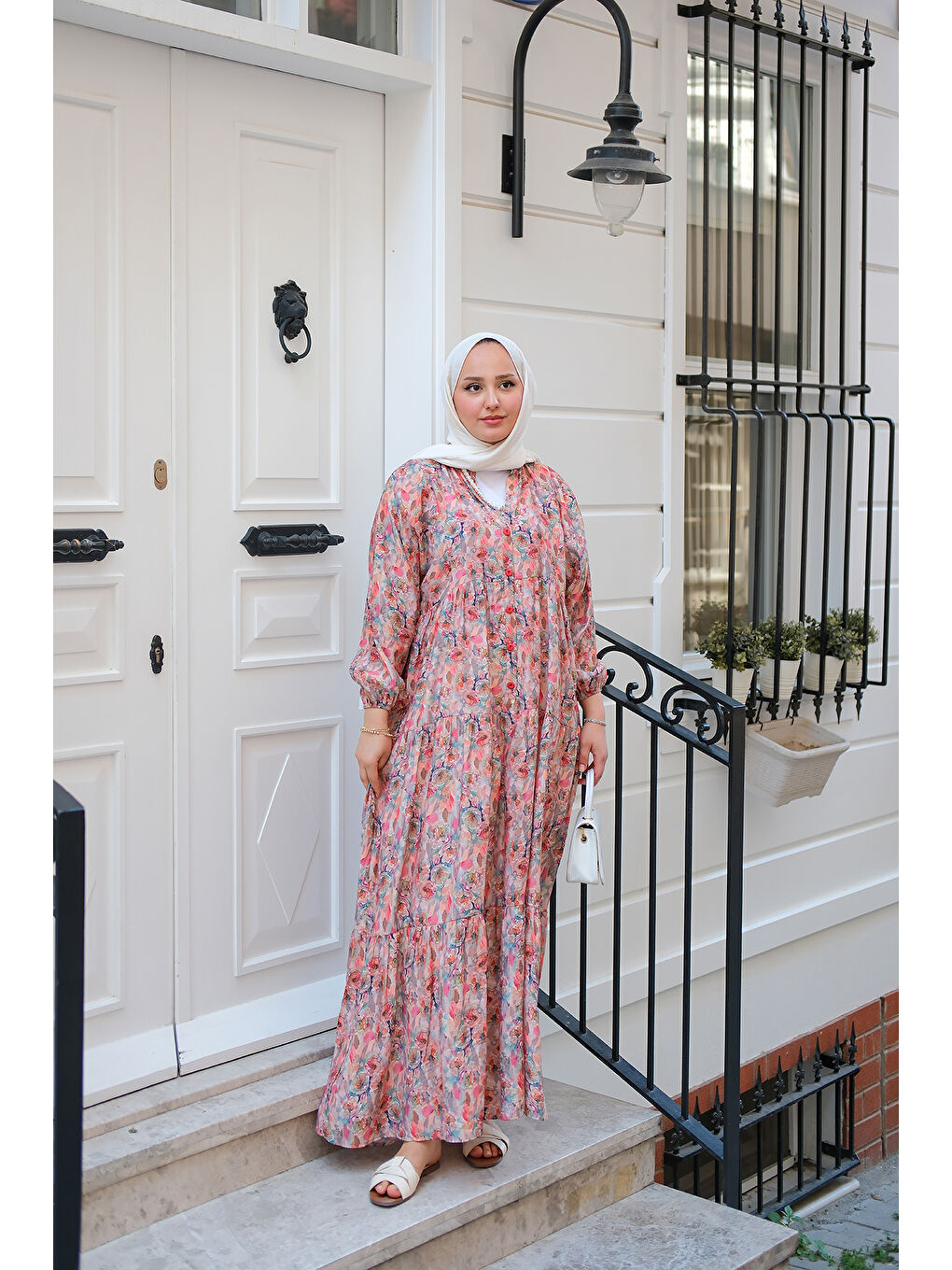 Pembe Kadın Çicek Desenli Elbise Somon-1