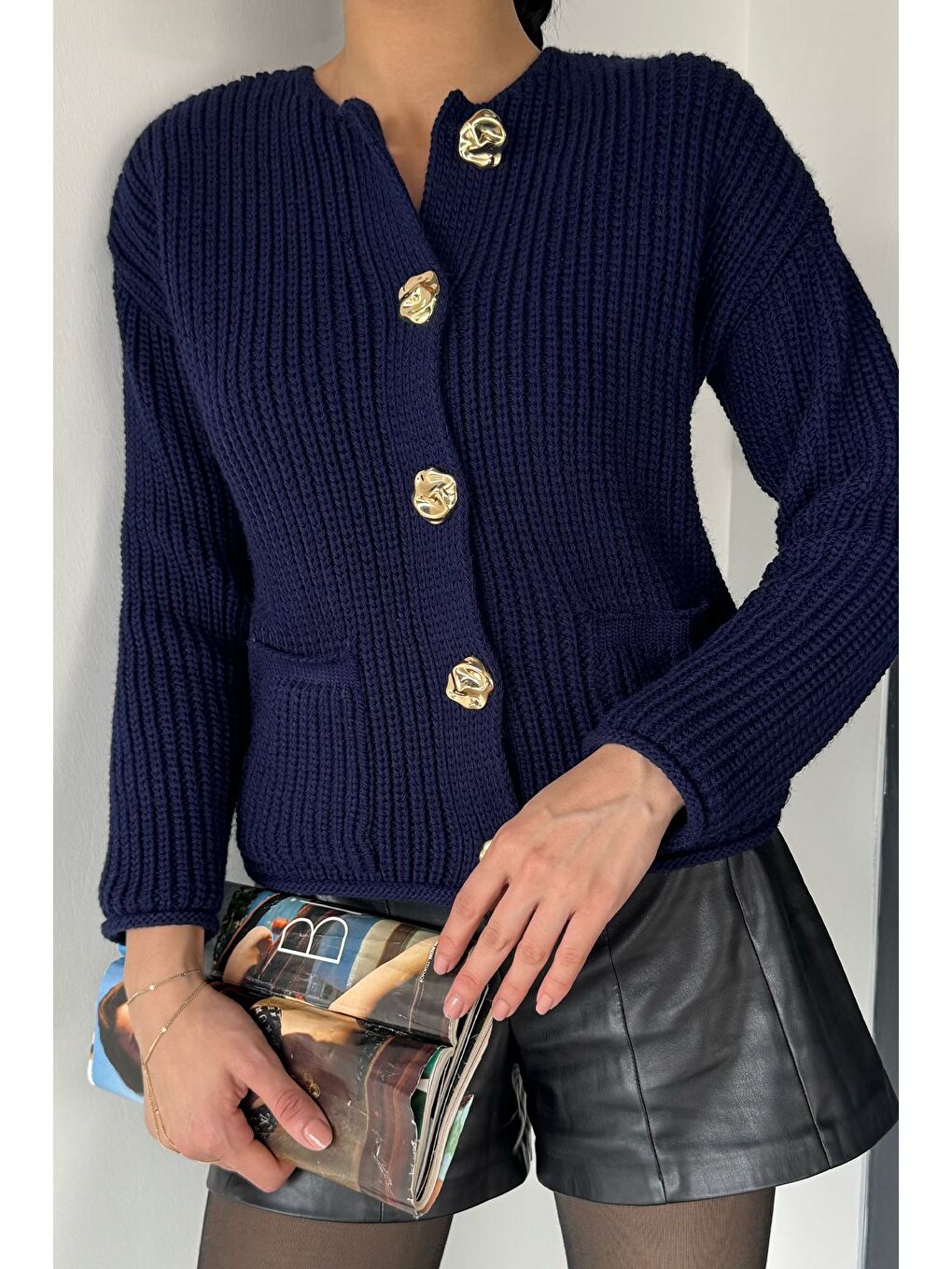 Lacivert Kadın Çift Cepli Triko Ceket-1