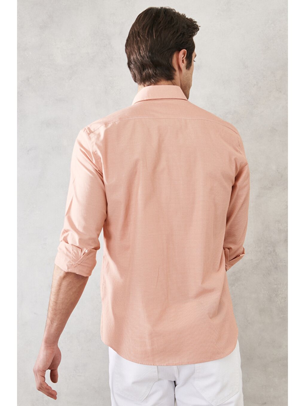 Erkek Turuncu Slim Fit Dar Kesim Oxford Düğmeli Yaka Pötikareli Pamuklu Gömlek-5